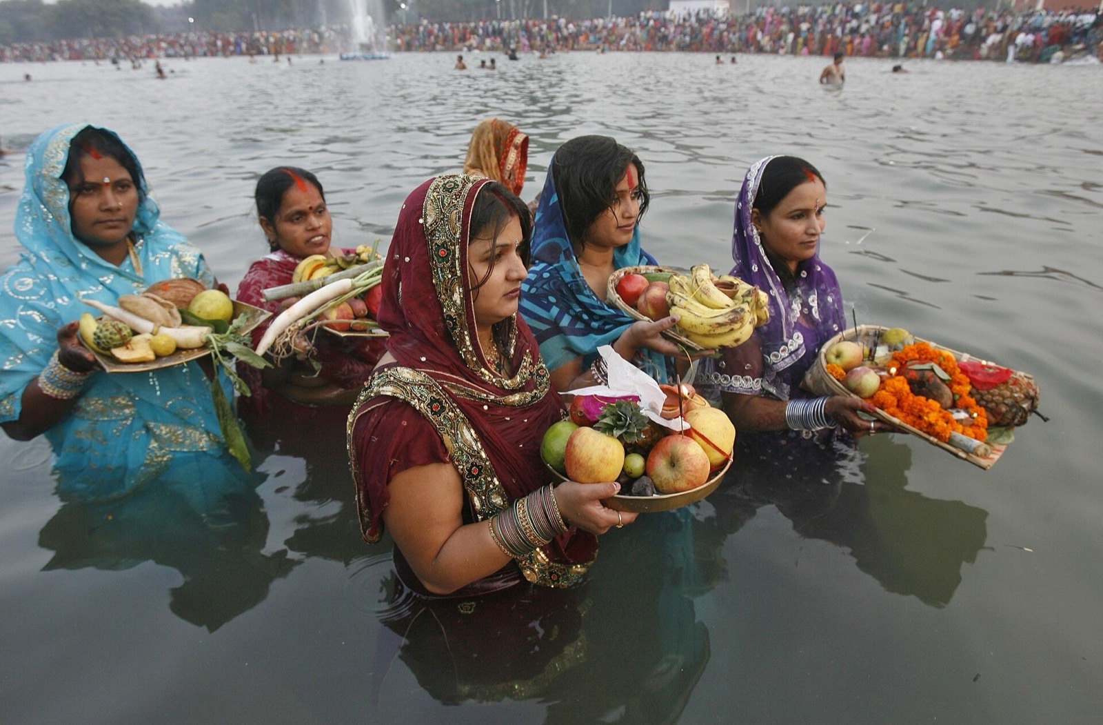 Chhath Puja offerings on a river in Bihar