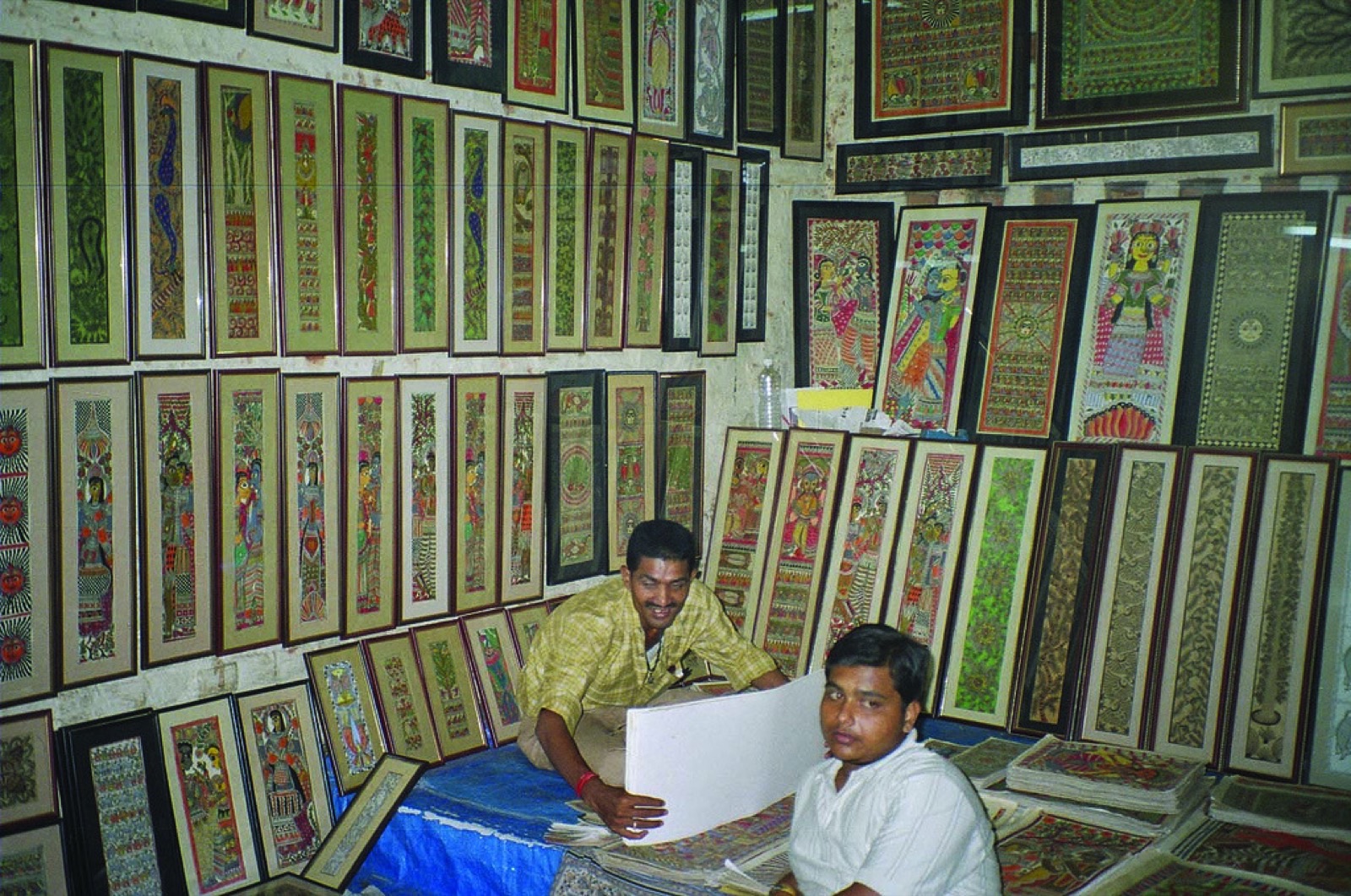 Framed Madhubani paintings in a craft shop